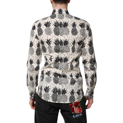 Dolce & Gabbana White Pineapple Print Long Sleeve GOLD Shirt Dolce & Gabbana