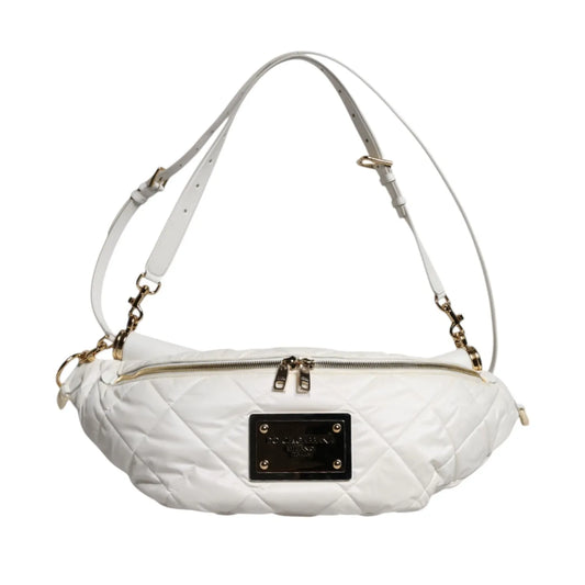 Dolce & Gabbana White Quilted Logo 90's Sicily Belt Waist Fanny Pack Bag with gold-tone hardware and adjustable strap.