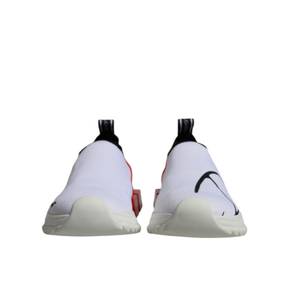 Front view of Dolce & Gabbana White Red Low Top Sorrento Men Sneakers Shoes, showing minor stain on left shoe, exclusive design.