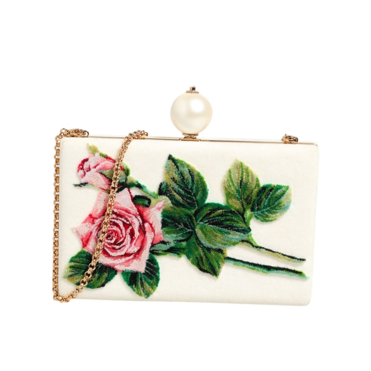 Dolce & Gabbana White Rose Embroidery Silk Gold Frame Clutch Purse Bag Dolce & Gabbana