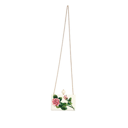 Dolce & Gabbana White Rose Embroidery Silk Gold Frame Clutch Purse Bag Dolce & Gabbana
