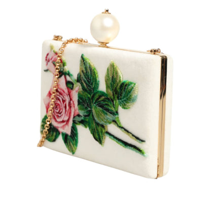 Dolce & Gabbana White Rose Embroidery Silk Gold Frame Clutch Purse Bag Dolce & Gabbana