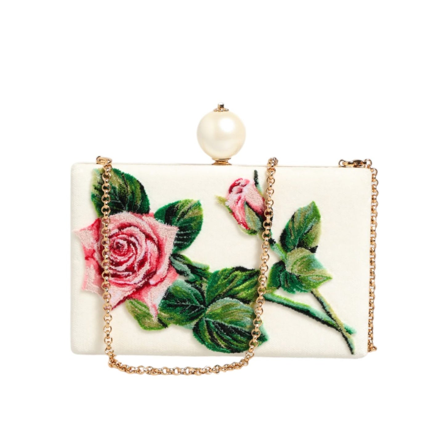 Dolce & Gabbana White Rose Embroidery Silk Gold Frame Clutch Purse Bag Dolce & Gabbana