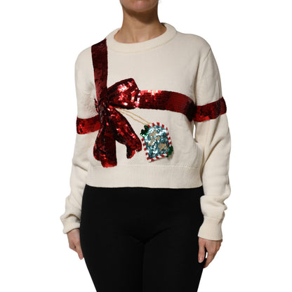 Dolce & Gabbana White Sequined Crew Neck Pullover Sweater Dolce & Gabbana