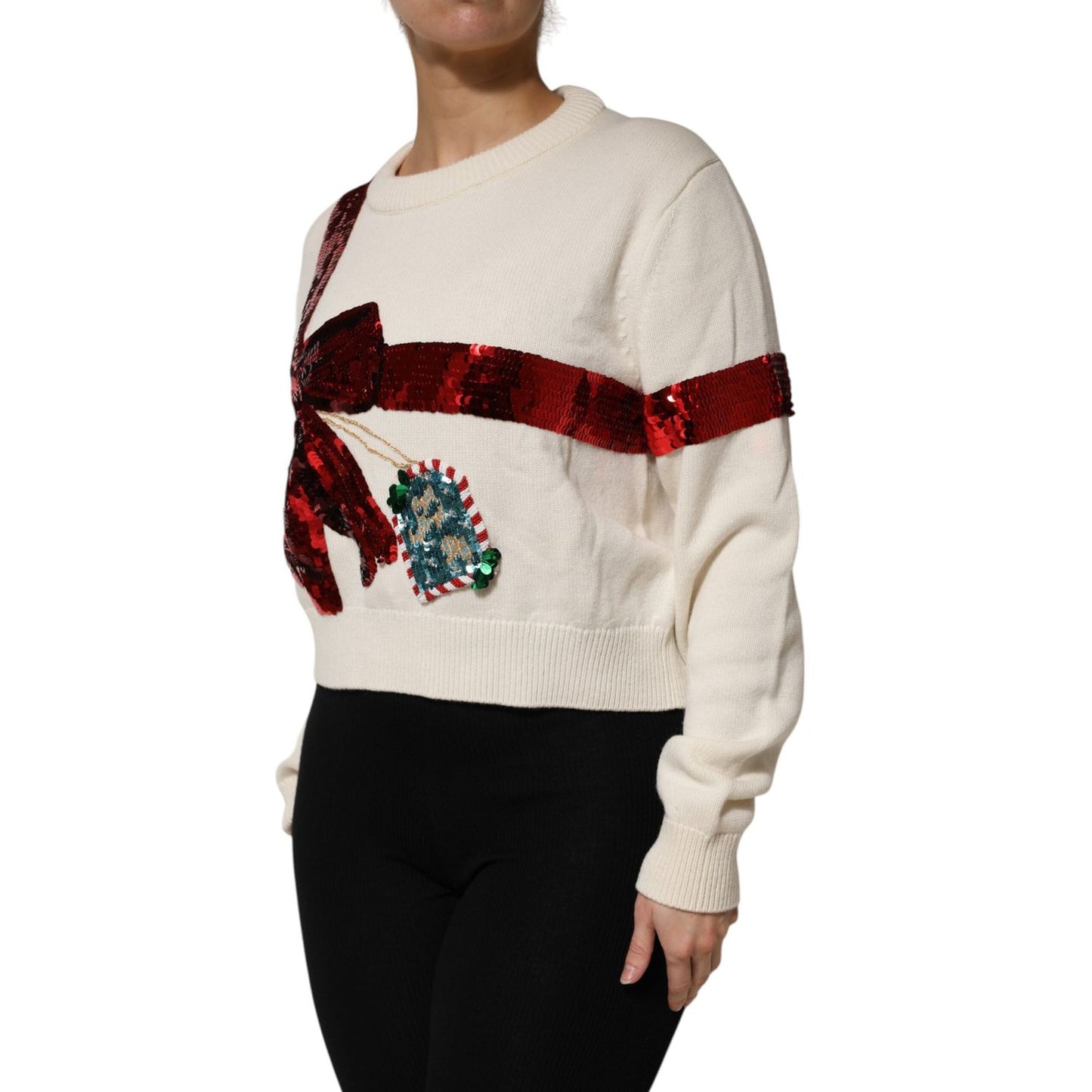 Dolce & Gabbana White Sequined Crew Neck Pullover Sweater Dolce & Gabbana