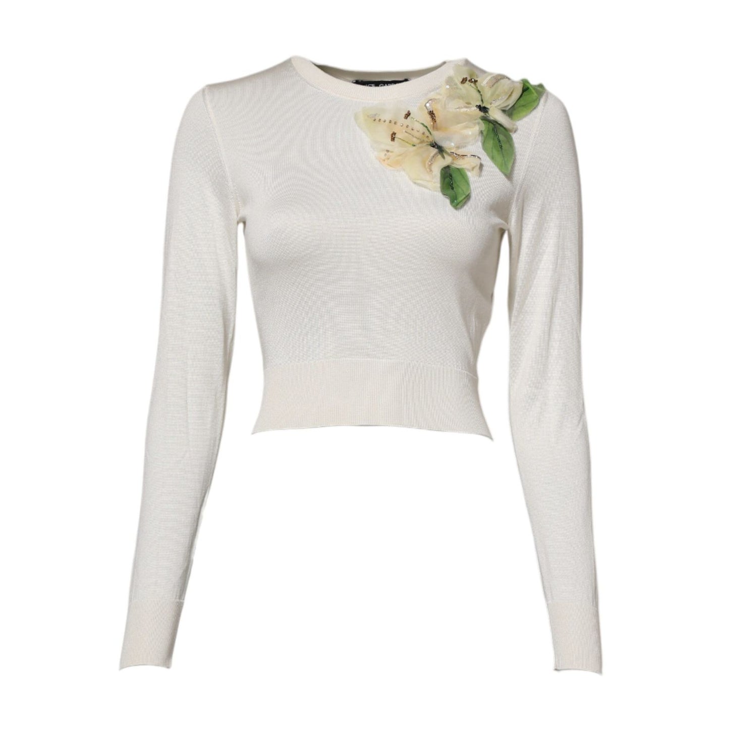 Dolce & Gabbana White Silk Lily Embellished Pullover Sweater Dolce & Gabbana