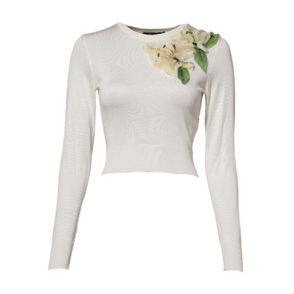 Dolce & Gabbana White Silk Lily Embellished Pullover Sweater Dolce & Gabbana
