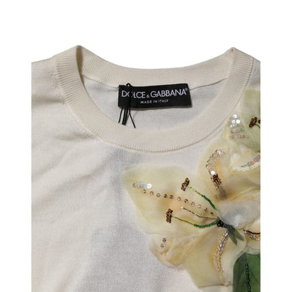 Dolce & Gabbana White Silk Lily Embellished Pullover Sweater Dolce & Gabbana