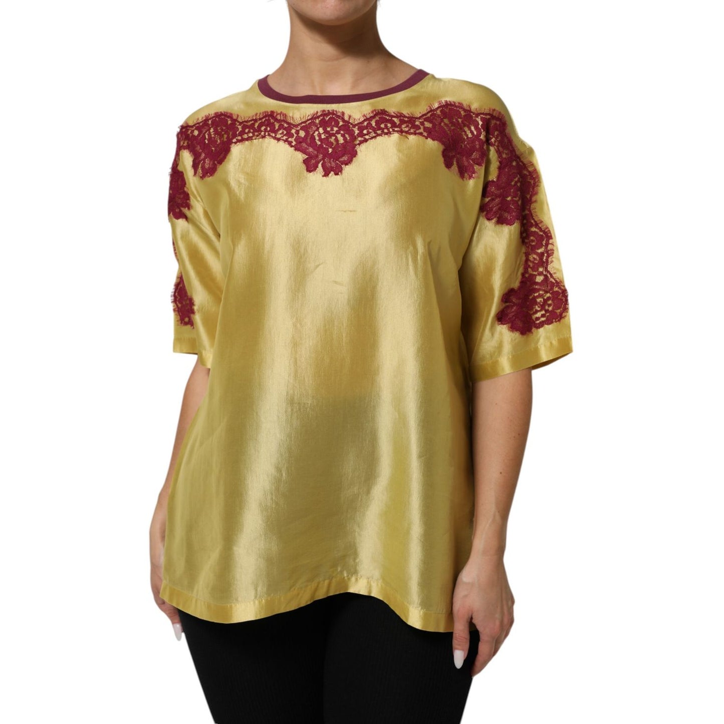 Dolce & Gabbana Yellow Silk Satin Floral Lace Short Sleeves Top Dolce & Gabbana