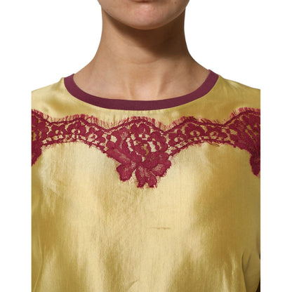 Dolce & Gabbana Yellow Silk Satin Floral Lace Short Sleeves Top Dolce & Gabbana