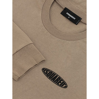 Dsquared² Beige Cotton T-Shirt with black logo, long sleeves, crew neck, maxi pocket, and side slits. 100% cotton over fit design.