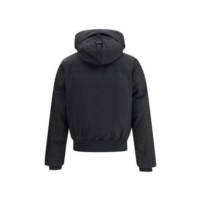 Back view of Dsquared² Black Polyester Bomber with hood, ribbed hem, and cuffs, showcasing urban design and functionality.