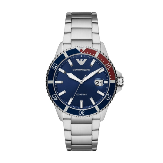 Blue and silver EMPORIO ARMANI MOD. AR11339 wristwatch with stainless steel case and bracelet, mineral dial, quartz movement, and 10 ATM water resistance.