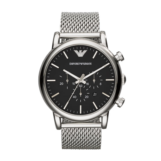 EMPORIO ARMANI MOD. AR1808 gent's stainless steel chronograph watch with quartz movement, mineral dial, and 5 ATM water resistance.