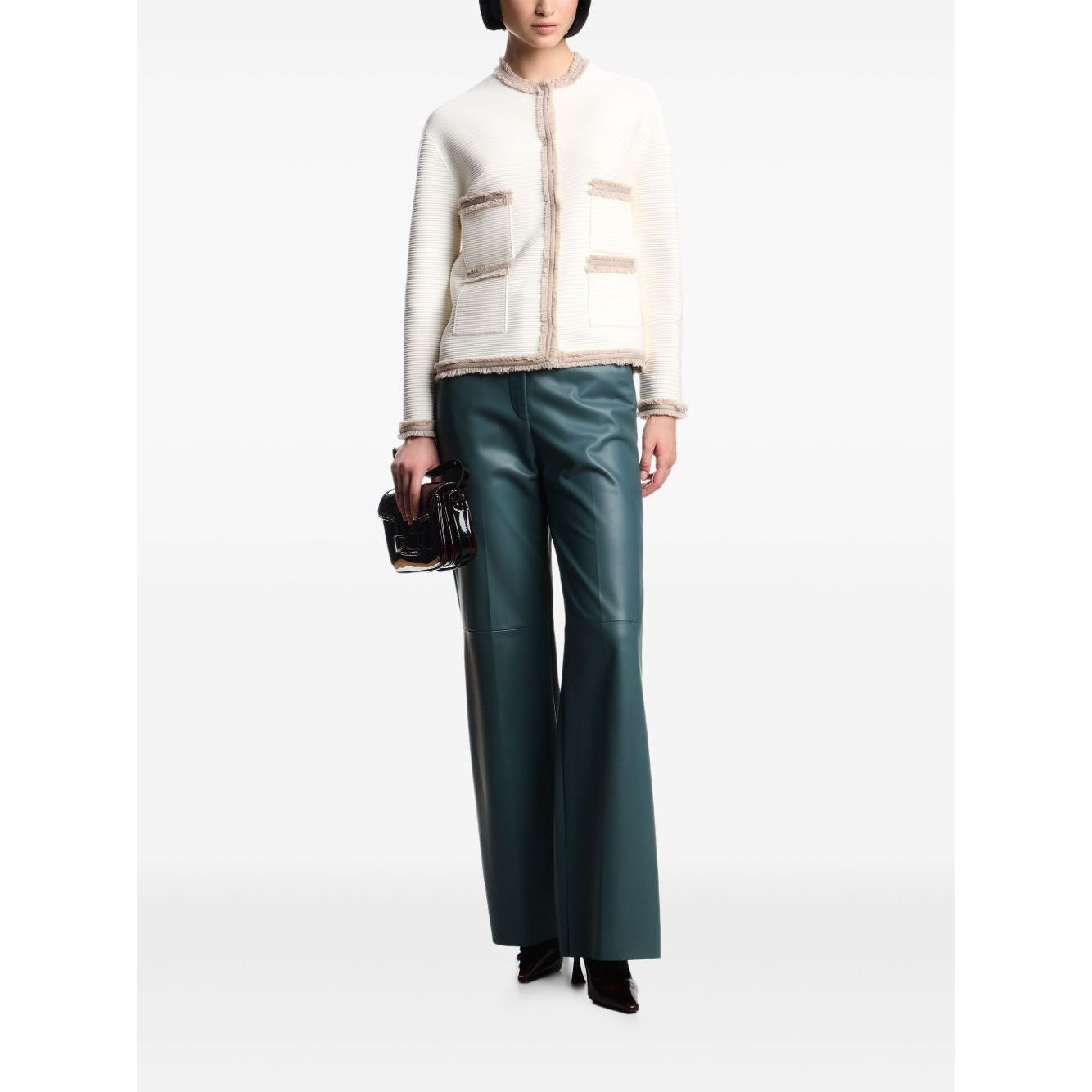 Emporio Armani Jackets White with fringe trim, welt pockets, and round neck blazer style displayed with teal pants.