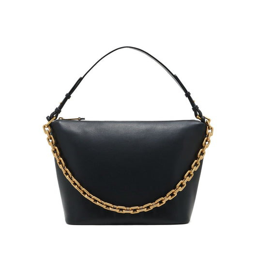 Emporio Armani Medium leather hobo bag with chain, black leather with gold-tone chain, zip fastening top handle, 15x25x30 cm