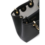 Top view of Emporio Armani MyEA small shopping bag in black faux leather with gold-tone hardware and removable pouch.