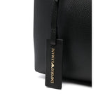 Emporio Armani MyEA small shopping bag in black faux leather with grained texture and logo tag detail.