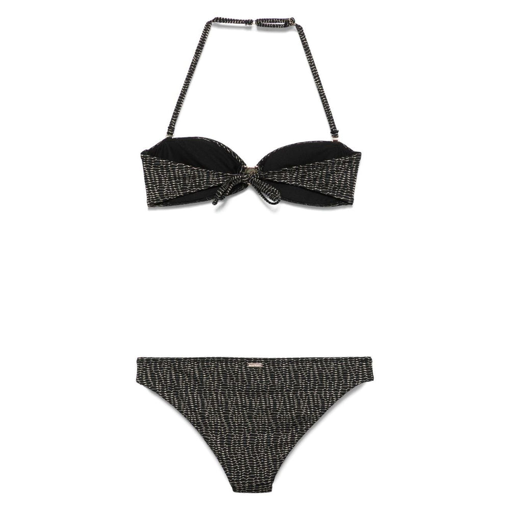 Emporio Armani Sea clothing Black bikini set with tie-fastening straps and removable pads, featuring allover logo print with detachable shoulder strap.