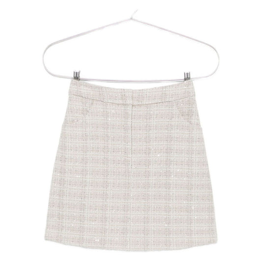 Emporio Armani Skirts Grey, light grey tweed mini skirt with check pattern and sequin embellishment, A-line shape, wool blend.