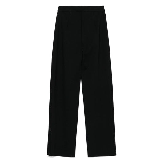 Emporio Armani jersey trousers with bands and micro studs, black wide-leg with concealed fastening, and side slit pockets.
