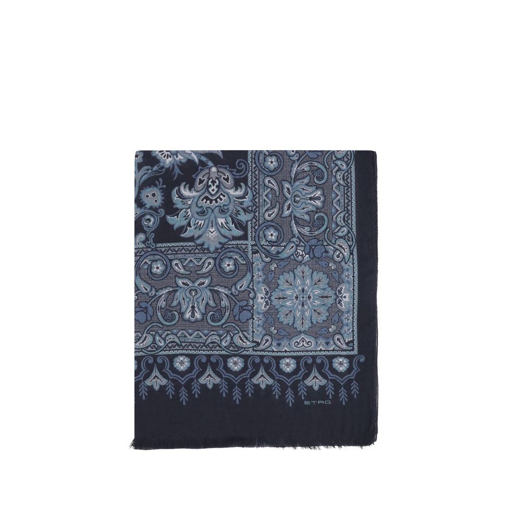 Etro Blue Modal Scarf with floral and geometric patterns, frayed edges, and embroidered logo. Made from jacquard cotton blend. Size 180x180.