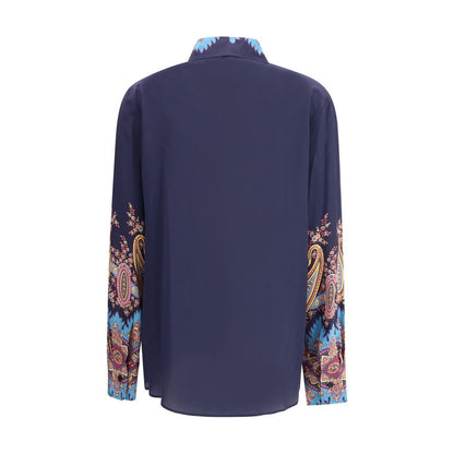 Back view of Etro Multicolor Silk Pattern Shirt with floral Paisley print and classic collar, made from pure silk crepe de Chine.