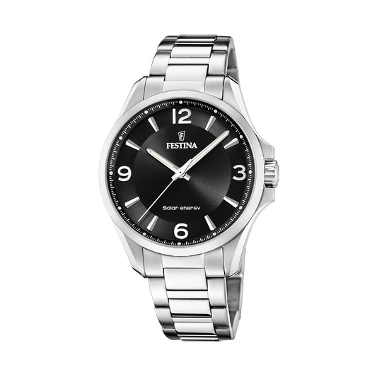 FESTINA WATCHES Mod. F20656/4 with stainless steel bracelet and black dial, featuring solar energy technology.