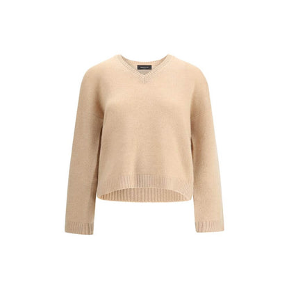 Fabiana Filippi Beige Cashmere Cashmere Sweater with ribbed V-neck, hem, and cuffs, offering elegance and comfort for AW25 season.