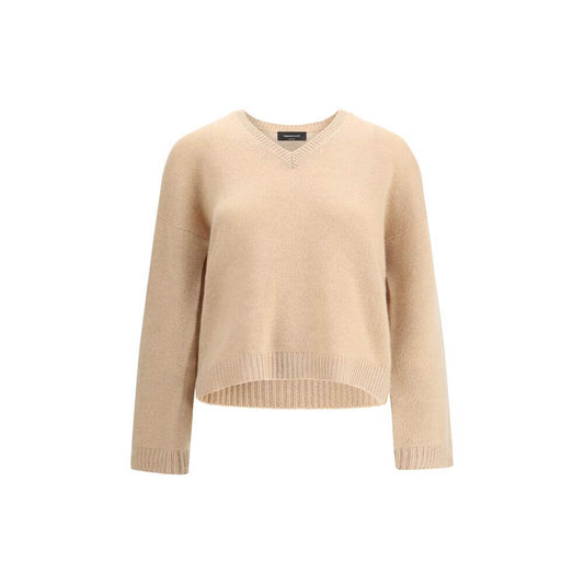 Fabiana Filippi Beige Cashmere Cashmere Sweater with ribbed V-neck and hem, offering elegance and comfort, AW25 season, 100% Kashmir.