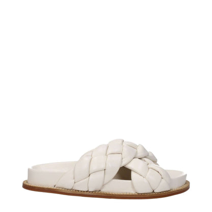 Fabiana Filippi Beige Leather Slippers with open toe design and rubber sole, featuring woven leather straps, ivory accents, and low flat heel.