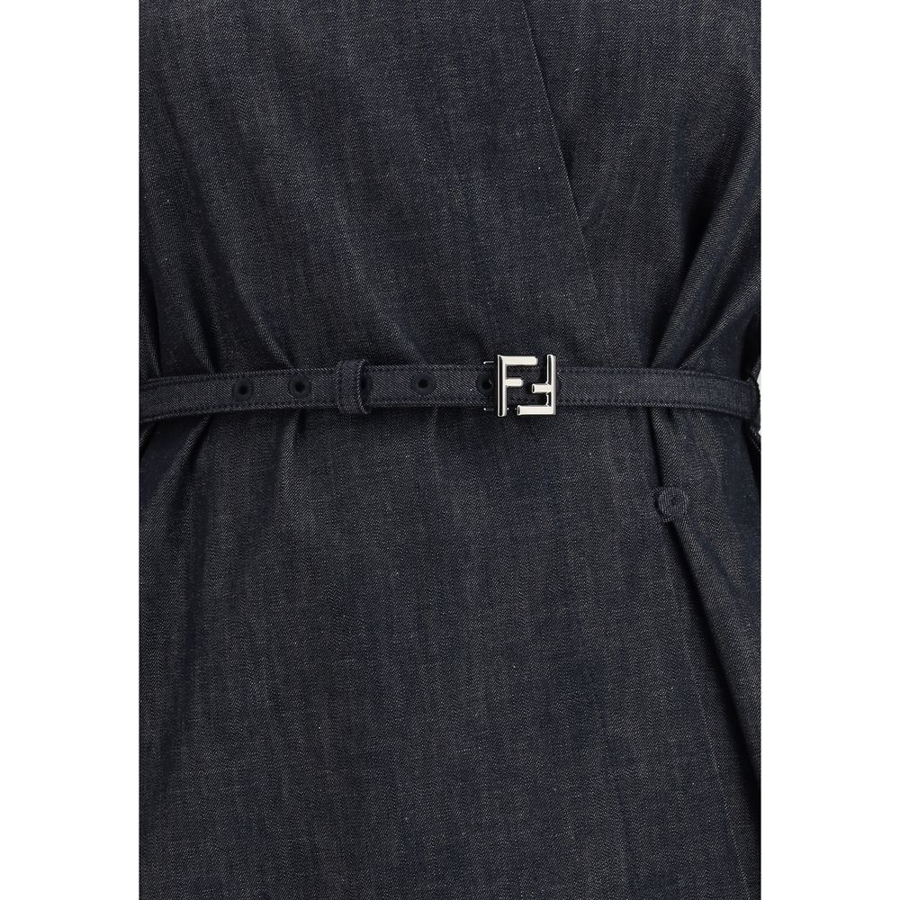 Close-up of Fendi Blue Cotton Casual Dress with logo belt and asymmetrical design