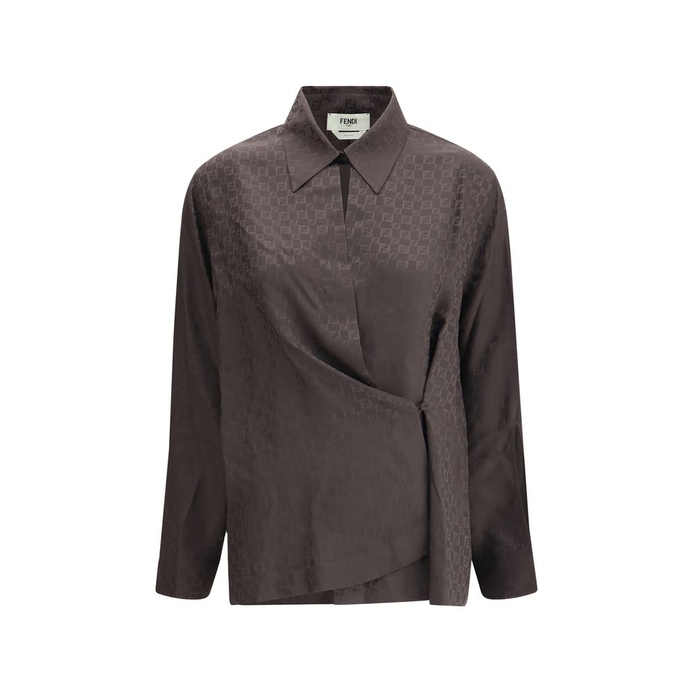 Fendi Brown Silk Dress Shirt with jacquard texture, FF motif embroidery, and wrap-around closure.