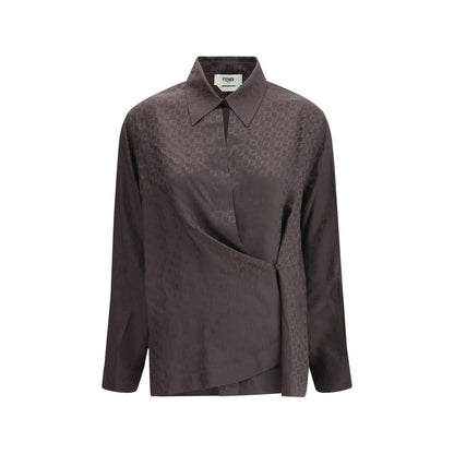Fendi Brown Silk Dress Shirt with jacquard texture, FF motif embroidery, and wrap-around closure.