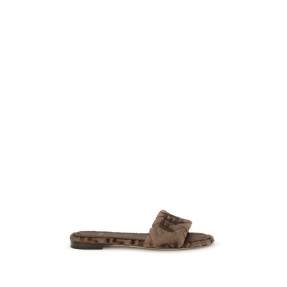Fendi Brown Viscose Flat Sandals with embroidered logo and signature insole, perfect for versatile style and comfort, AW25 collection.