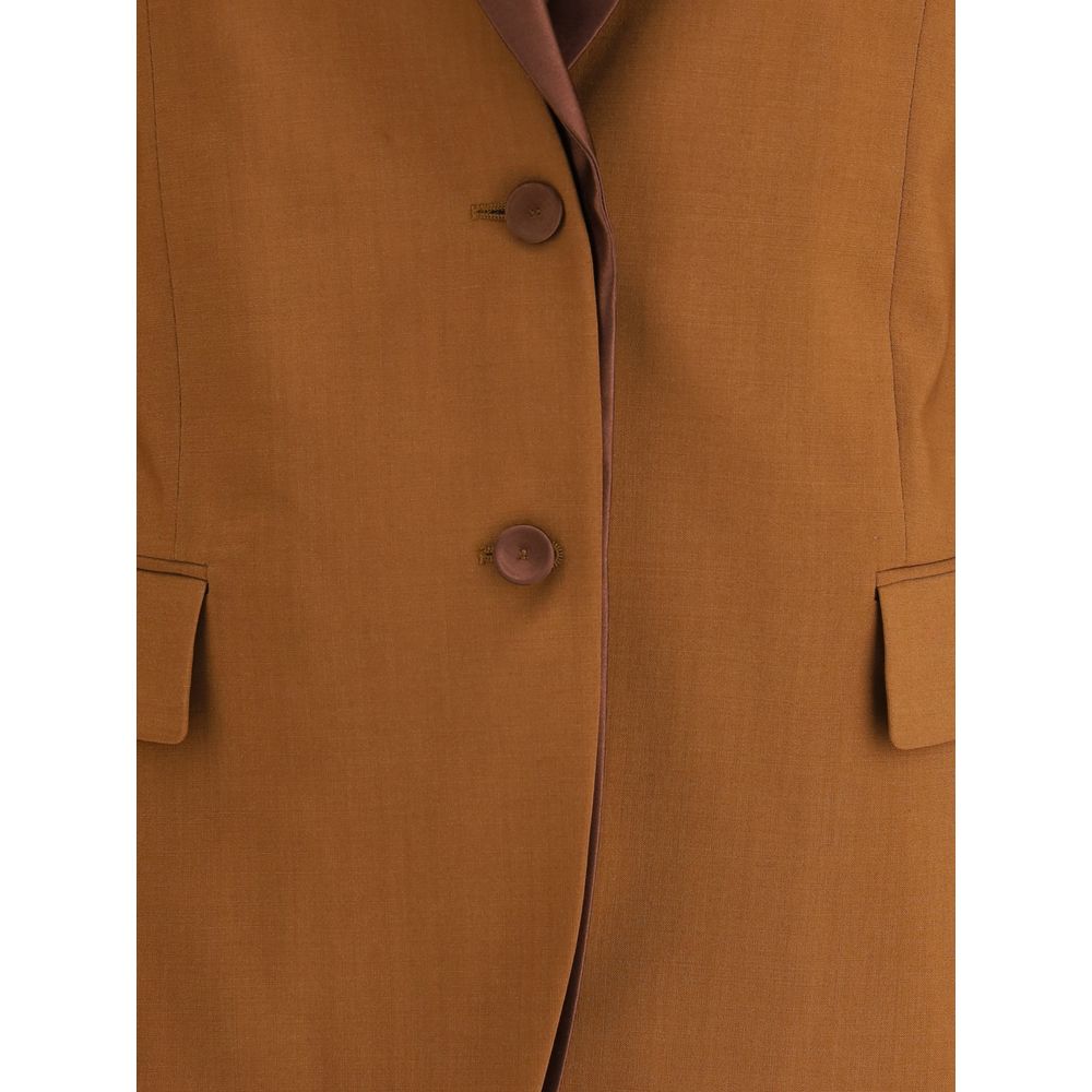 Fendi Brown Wool Blazer with satin lapels and button closure, featuring elegant pockets and perfect fit for AW25 season.