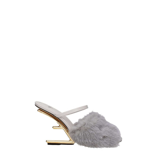 Fendi Gray Mink Slippers with high heel, open toe design, and leather sole. Stylish casual footwear in gray by Fendi.