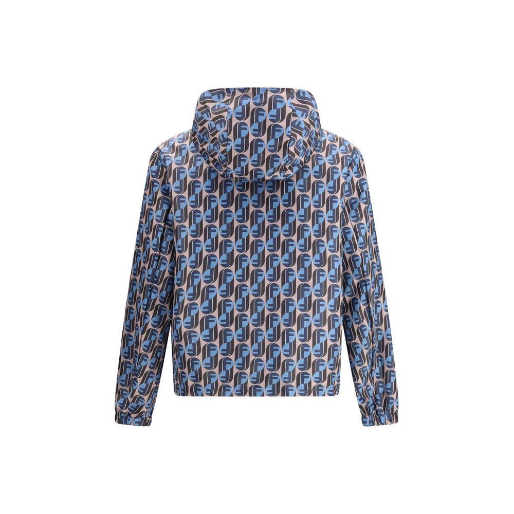 Fendi Multicolor Polyester Shell Jacket featuring geometric pattern, reversible hooded design with adjustable drawstring hem and front zipper closure.