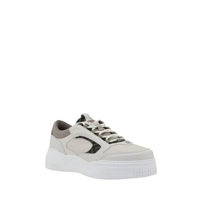 Fendi White Calf Leather Bos Taurus Low Top Sneakers with paneled design and textured sole for stylish comfort.