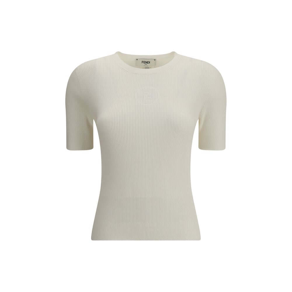 Fendi White Silk T-Shirt with ribbed knit, featuring a Fendi 1925 Stamp devoré motif and short sleeves, for a sophisticated casual look.