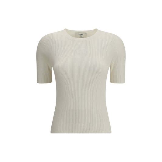 Fendi White Silk T-Shirt with ribbed knit, featuring a Fendi 1925 Stamp devoré motif and short sleeves, for a sophisticated casual look.