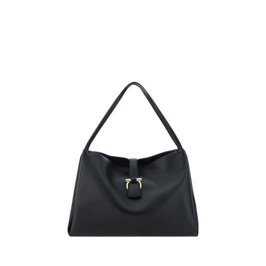 Ferragamo Black Calf Leather Bos Taurus Handbag with flat top handles and iconic logo, perfect AW25 accessory.