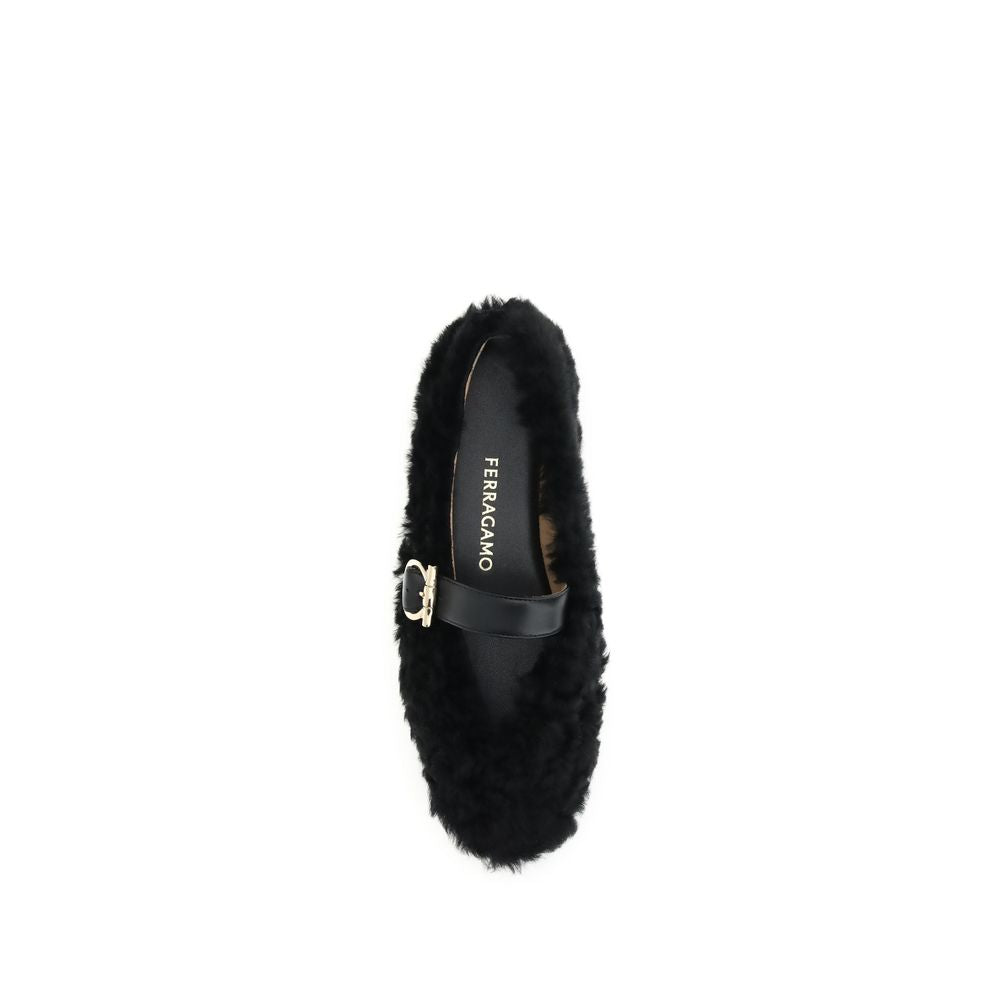 Top view of Ferragamo Black Fur Ballet Flats with Gancini buckle and shearling lining