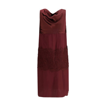 Ferragamo Bordeaux Silk Cocktail Dress with draped neckline and embroidered details.