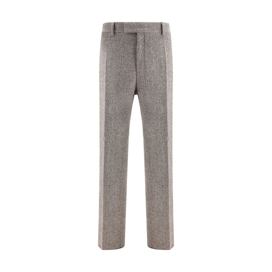 Ferragamo Gray Fleece Wool Casual Pants with wide legs and chevron design, featuring tailored construction and ironed crease.