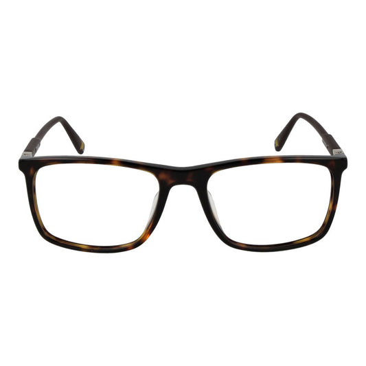 Fila Brown Men Glasses Frame in plastic full-rim style with rectangle shape, size 53-18-145, demo lenses, color brown.