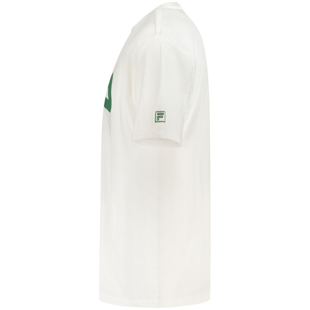 Side view of Fila White Cotton Men T-Shirt with green logo, showing loose-fit cut and soft, breathable material for casual style.