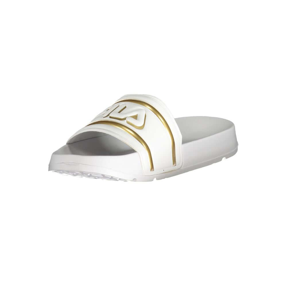 Fila White Polyethylene Sandal featuring gold contrasting details and Morro Bay logo design.