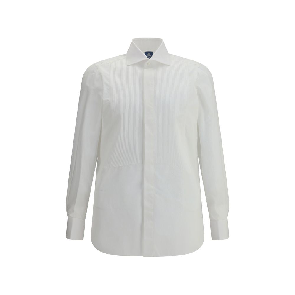 Finamore White Cotton Dress Shirt featuring a French collar and concealed buttons, tailored for formal occasions, regular fit.
