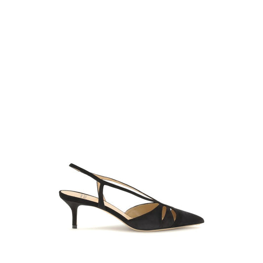 Francesco Russo Black Calf Leather Bos Taurus Mid Heel Pumps with suede slingback design and cut-out details.